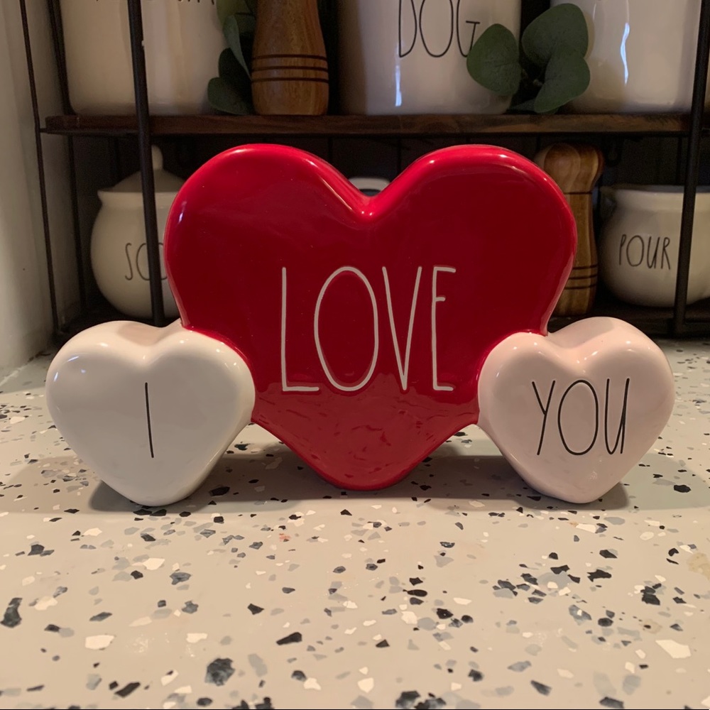 Rae Dunn I LOVE YOU Three 3 Hearts Red White Pink